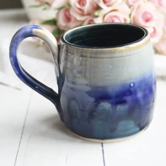 SALE Pottery Mug with Dripping Blue Star Glazes, 15 oz. Made in USA