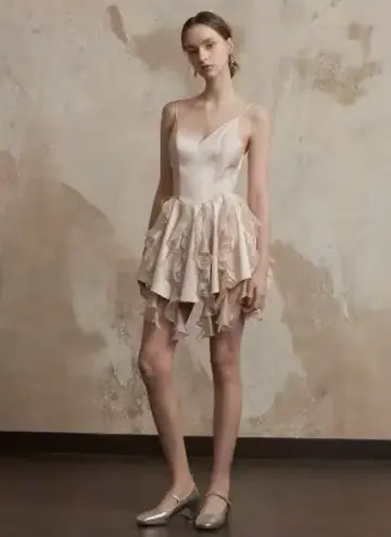 Beige suspenders waist sexy design irregular skirt short skirt homecoming dress R4848
