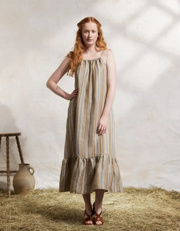 Robe 'Lina' en lin naturel rayé ambre et vert