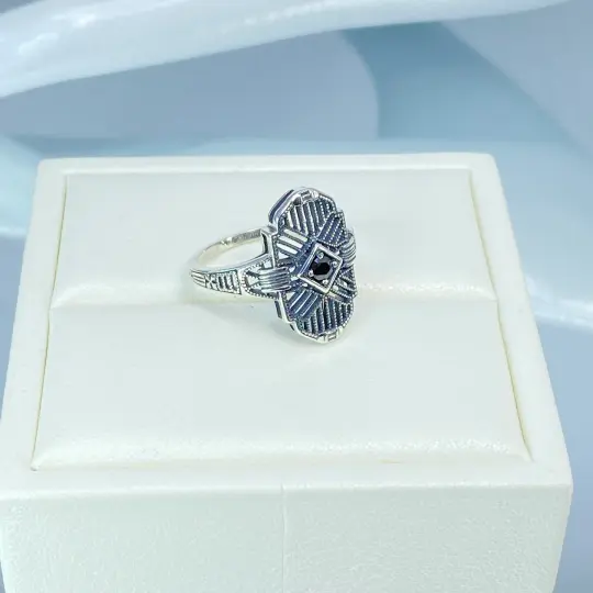 Black Moissanite Ring, Size 7, Round Gem, Tuxedo, Art Deco Sterling Silver Filigree, D589 - Ready to Ship