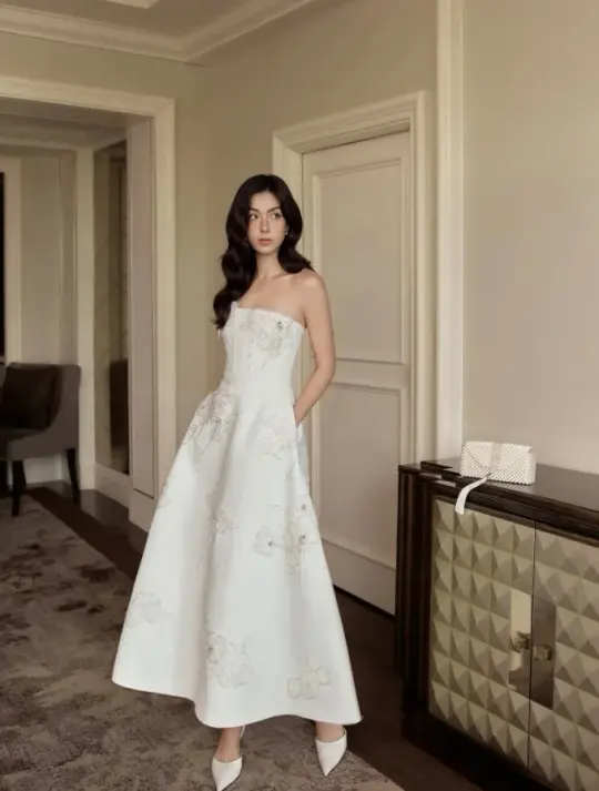 Embroidered Satin Corset Prom Gown , Minimalist Women's Maxi Evening Dress RS2305