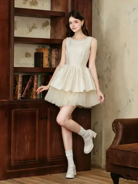 Elegant Off-White Jacquard Dress with Rhinestone Embellished Neck R9210