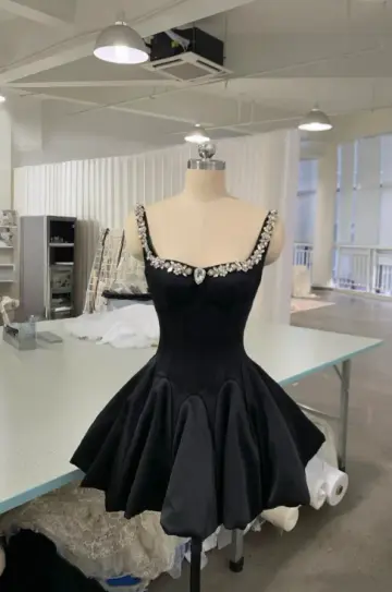 Minimalist Black Beaded A-Line Spaghetti Straps Corset Mini Prom Dress Homecoming Dress RS437