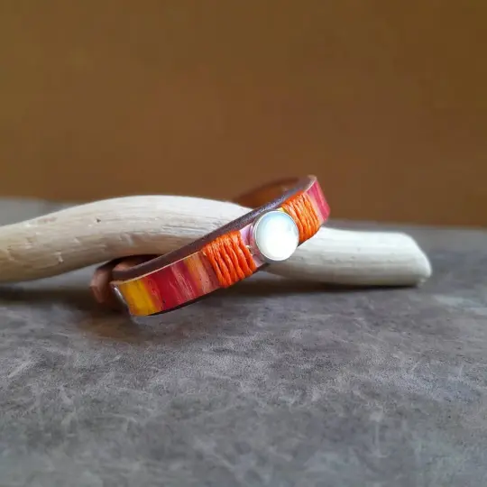90's Pop Moonstone Bracelet | Hand-Painted Leather Cuff (OOAK)