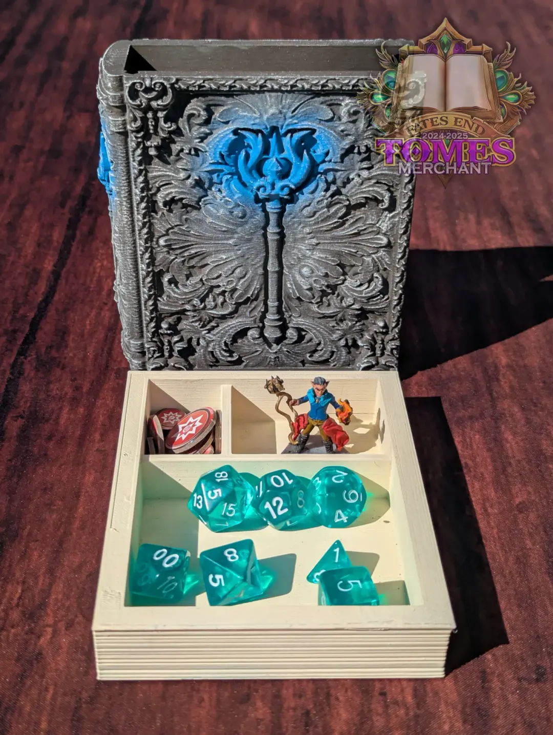Sorcerer 3D Printed RPG Spell Book Tome: RPG Dice Tray, Tokens, & Card Storage