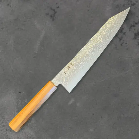 Hatsukokoro Ryuhyo SG2 Damascus Migaki Kiritsuke Gyuto 210mm – Olive Wood Handle