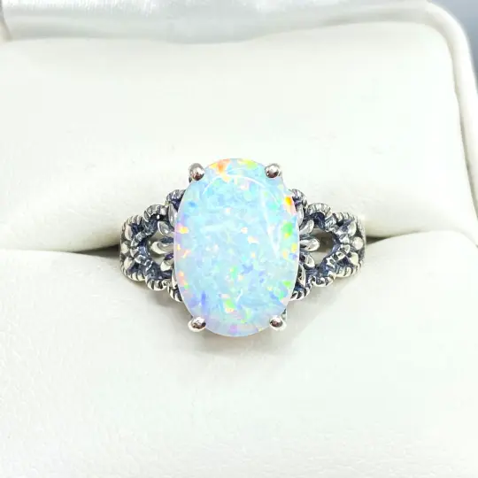 Opal Ring, Size 7.5, Sterling Silver Filigree, Victorian Gothic Jewelry, Ace D92 - Ready to Ship
