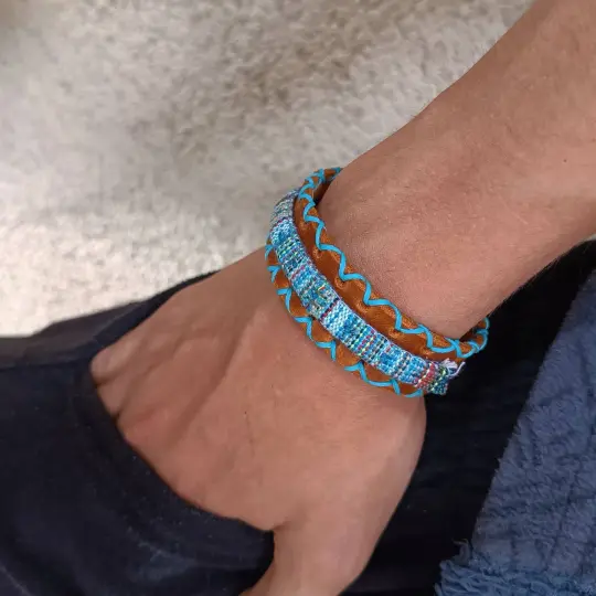 Boho Leather Bracelet with Tribal Cord | Handstitched Unisex Cuff