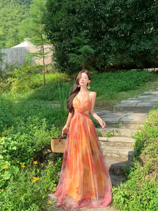 Backless Orange Floral Floor-Length Beach Dress R9111
