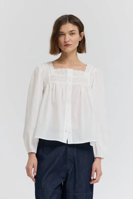 Eyelet Trim Button Shift Blouse- White