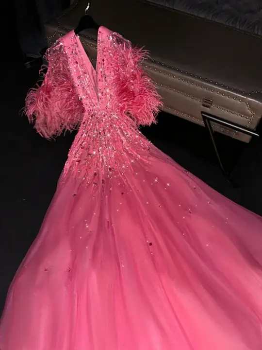 Pink V-neck fitted waist long ball gown/bridal dress R8741