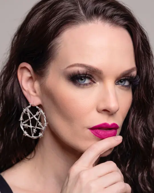 Killstar Lifes A Witch Silver Barbed Wire Pentagram Oversized Hoop Earrings