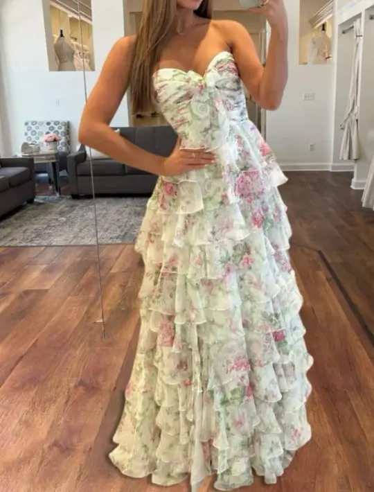 CottageCote Floral Ruffled Prom Gown White Women's Corset Maxi Birthday Dress Evening Dress RS2941