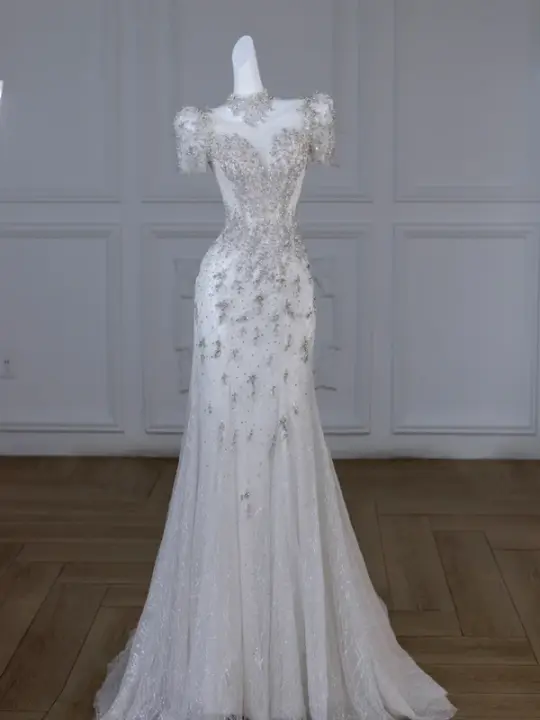 White diamond short-sleeved slim waist hip sexy long dress bridal gown R5845