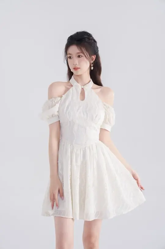 French dress new summer style beautiful temperament waist slimming white short skirt R4503