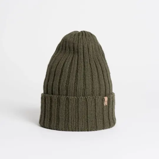 Merino Handknit Thick Rib Hat in Olive Green
