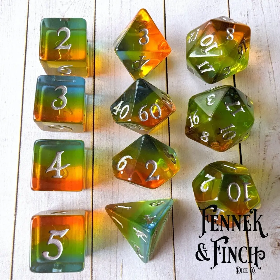 Sunrise Dice Set – 11-Piece Orange Yellow Gradient DnD Dice | Fennek & Finch
