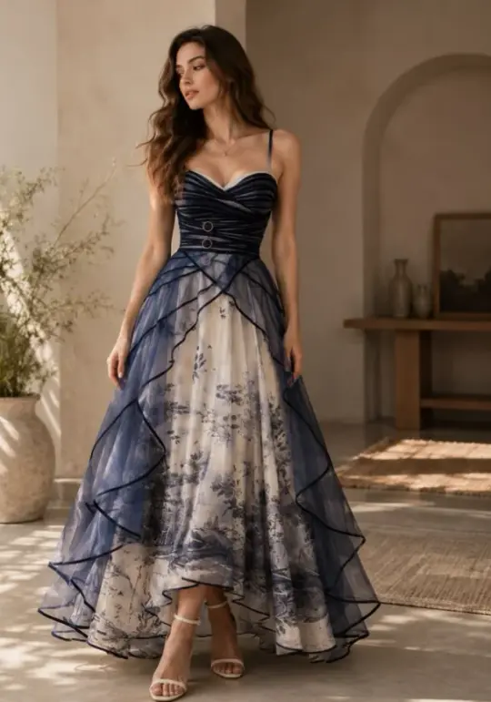Hazy Tulle Printed Pattern Corset Prom Gown ,  French Chic Navy Maxi Evening Dress Ball Gown RS1809