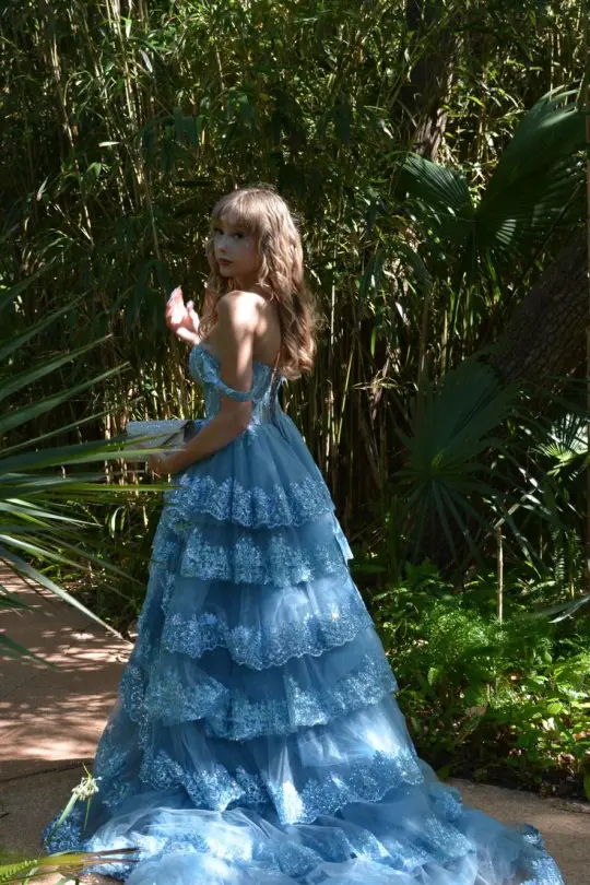 Hazy Tulle Ruffled Women's Prom Gown Baby Blue Waist Fitted Maxi Evening Dress Birthday Dress — Fall Outfit 2026 New  RS3278