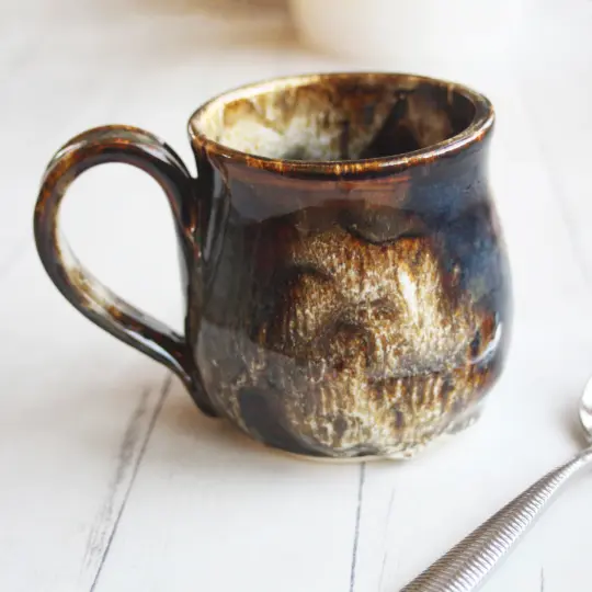 Handmade Mug with Dripping Earthy Brown and Melting Marshmallow Glaze, Made in USA