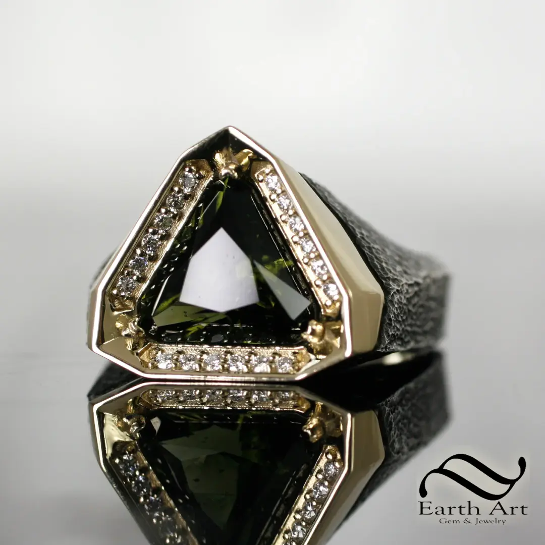 Bohemian Moldavite in 18k and sterling Gents Signet Ring with Diamonds