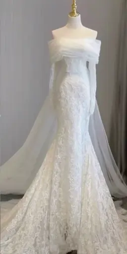 White off-the-shoulder lace fitted mermaid gown, ball gown R6437
