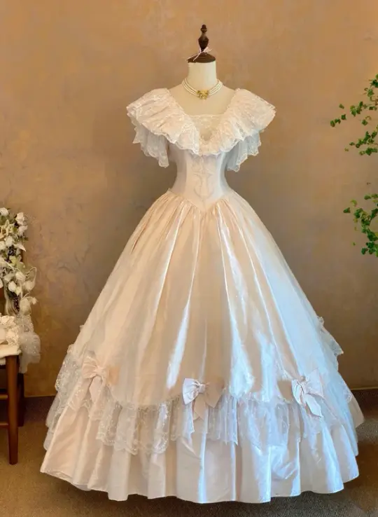 White Prom Dress with V-Neck, Fitted Waist and Puffy Skirt; Bridal Gown R7313