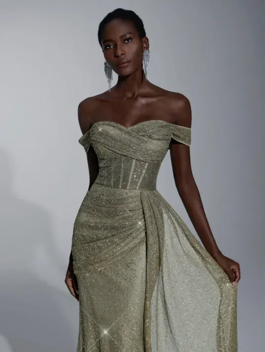 Elegant Sliver Glitter Mermaid Strapless Corset Maxi Evening Dress Prom Dress RS554
