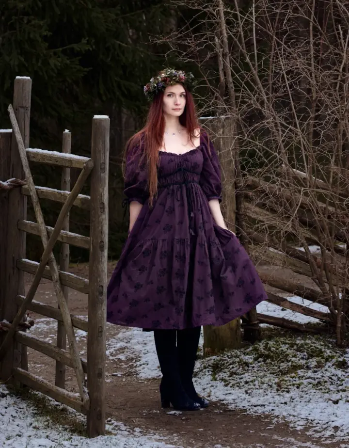 Robe 'Ebely' broderie anglaise manches 3/4 prune