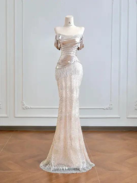Silver off-the-shoulder fitted bodice, light pink bodycon long ball gown R8202