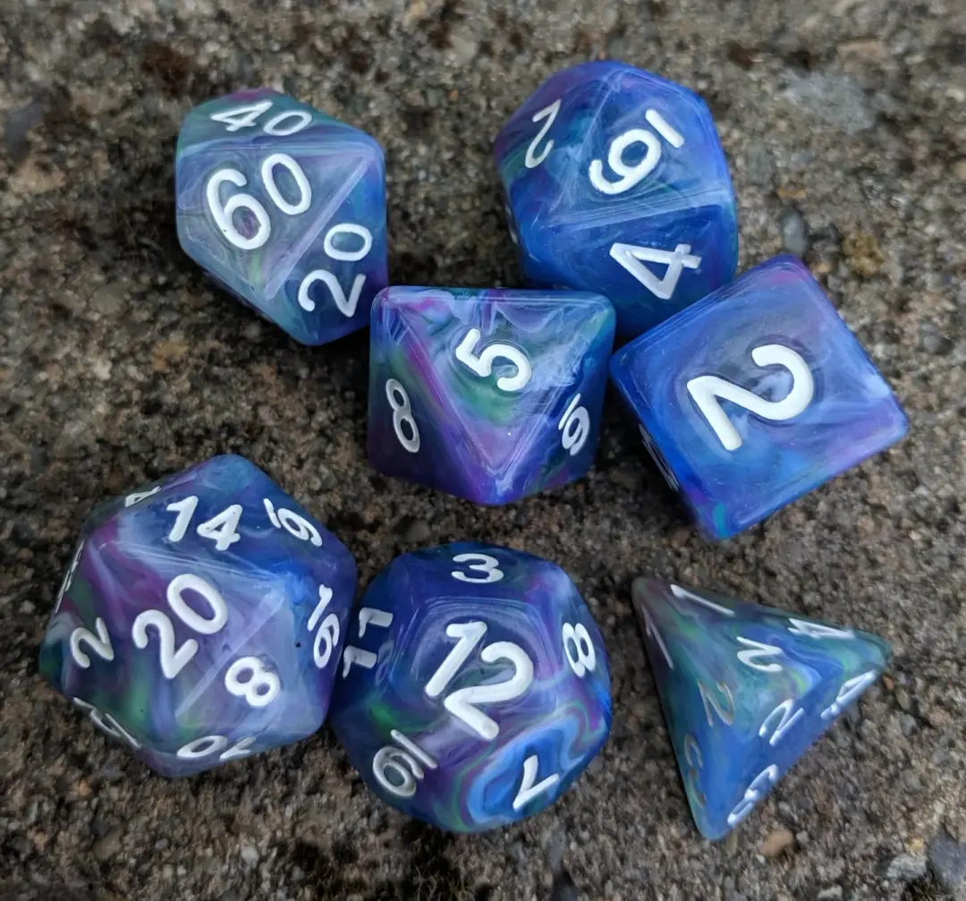Muse Dice Set – 7-Piece Blue Purple Green Swirled Polyhedral DnD Dice