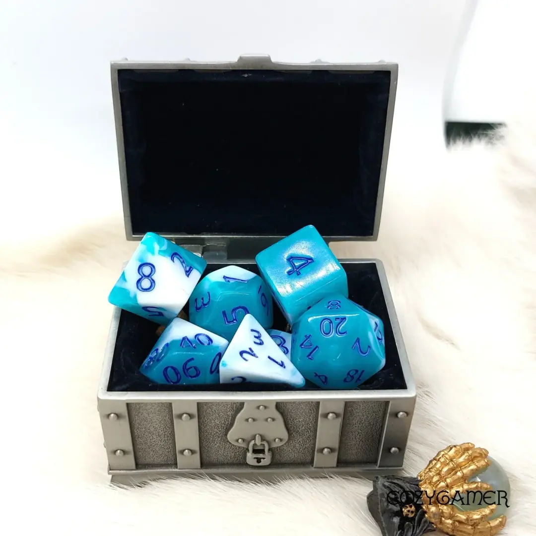 Blue Ocean DnD Dice Set – 7-Piece Blue White Opaque Marbled Acrylic Dice