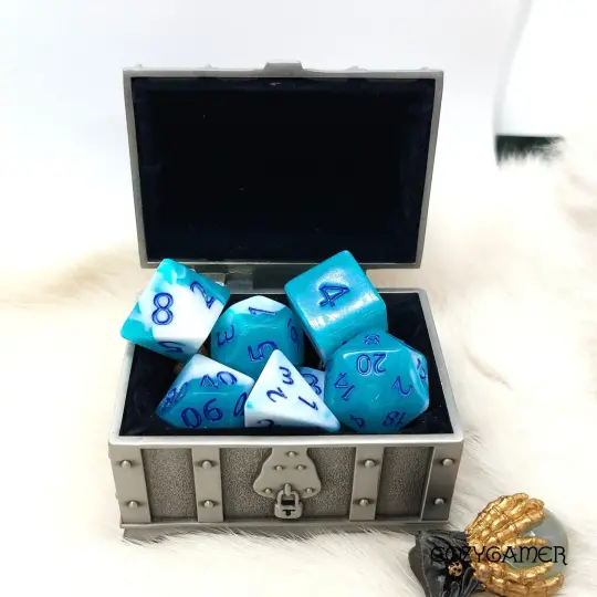 Blue Ocean DnD Dice Set – 7-Piece Blue White Opaque Marbled Acrylic Dice