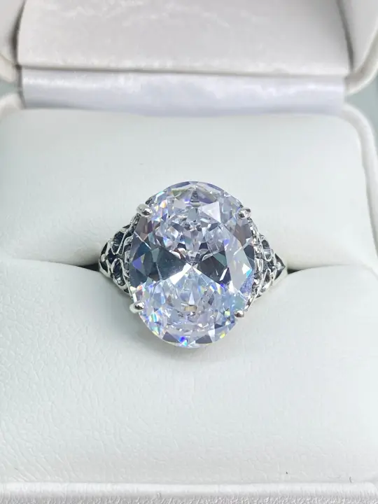 White CZ Ring, Size 9, Oval Gem, Dramatic Swirl Filigree Jewelry #D10 - Ready to Ship