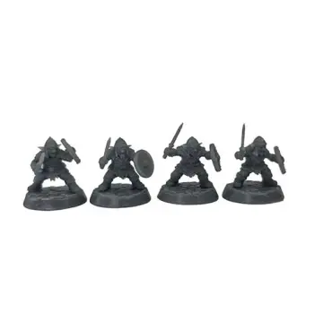 A front-view photograph of four unpainted grey resin goblin warrior miniatures against a white background. The goblins wear pointed helmets and scale armor, and each holds a short sword and a round shield. They are standing in combat stances on circular, cobblestone-textured bases.