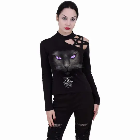 Gothic Black Cat Pentagram Long Sleeve Top - Witchy Mystical Apparel - Alternative Fashion