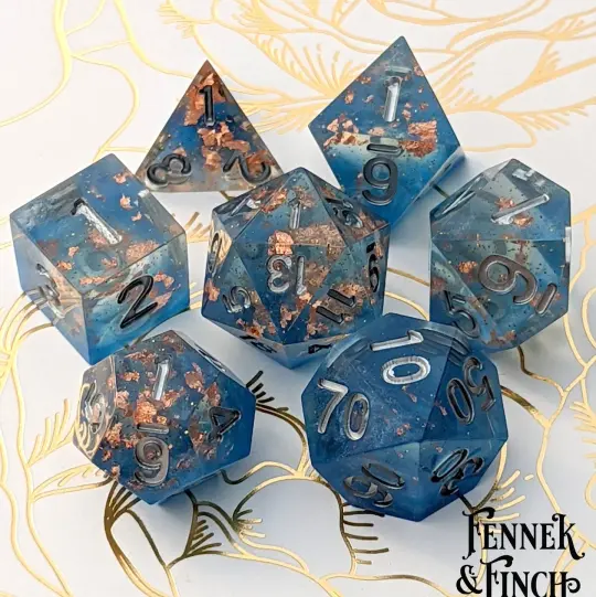 Cloud Palace Resin 7 Piece Dice Set Sharp Edge: Copper Foil, Glitter, Blue Clouds