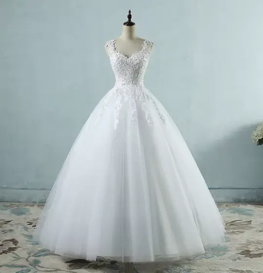 Charming White A-Line Spaghetti Straps Embroidered Corset Maxi Wedding Dress RS1686