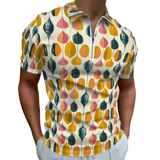 MCM Retro Polo Shirt- Mid Century Geo Design  Slim Fit Zipper Polo for men