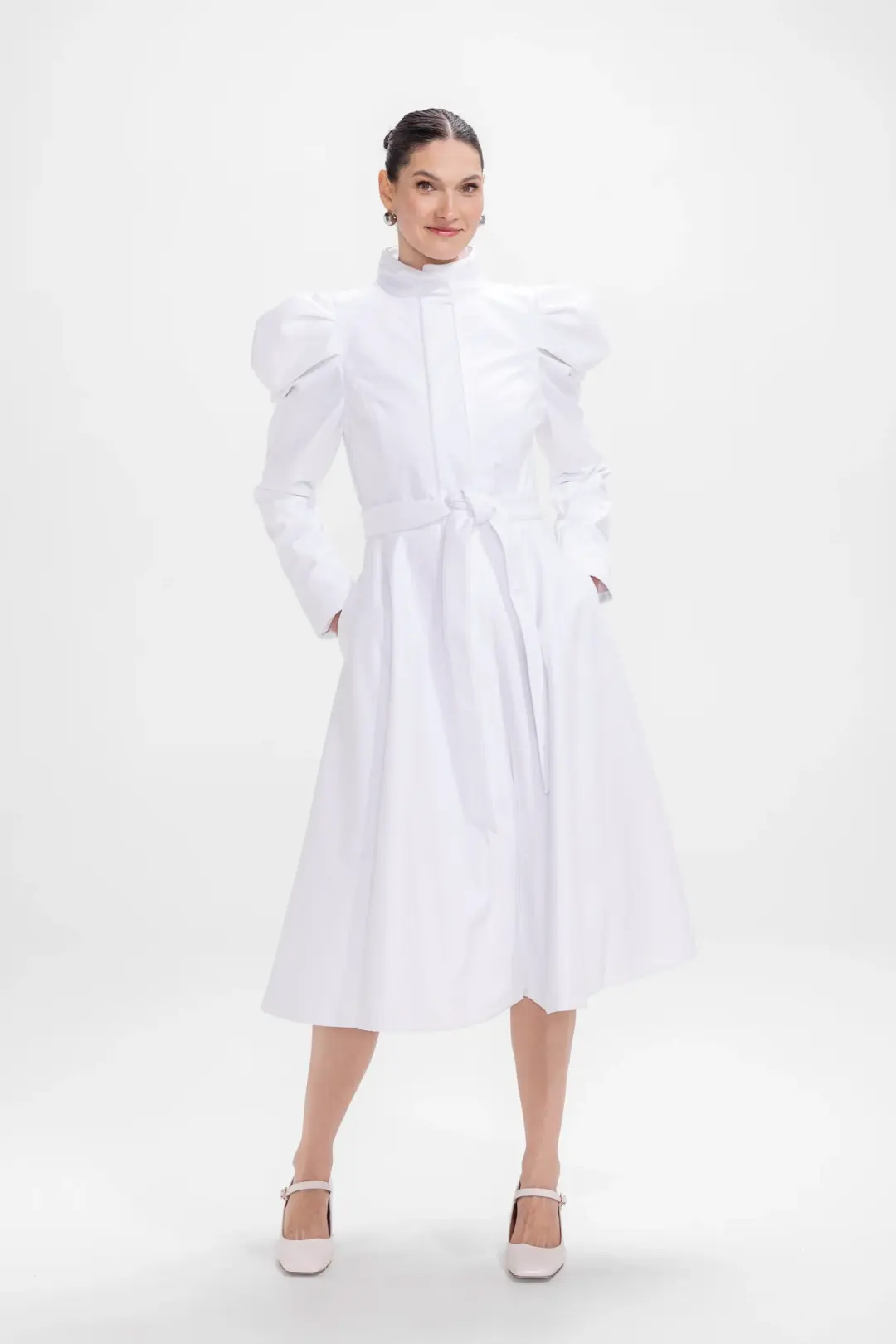 Fit and Flare Coat with Balloon-Styled Sleeves in White | Majestic White