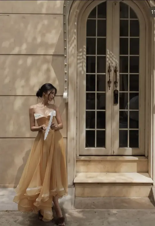 Stunning Flowy Women's Prom Gown Warm Yellow Waist Fitted Maxi Evening Dress Birthday Dress — Fall Outfit 2026 New RS3239