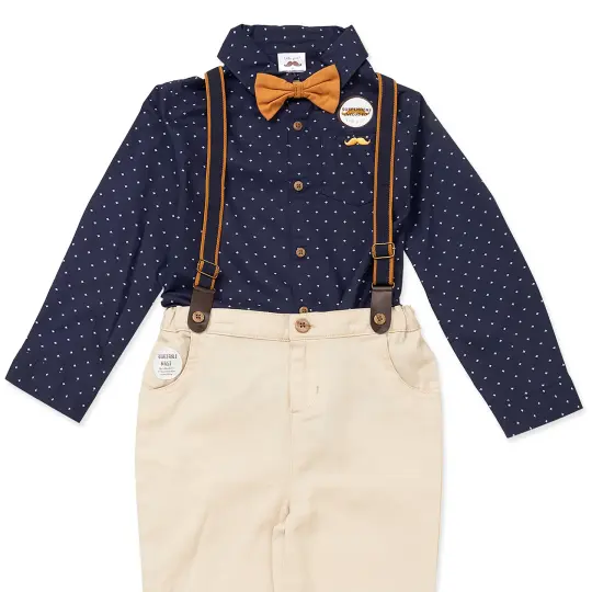 Little Gent Toddler Boys 4 Piece Navy and Khaki Suspender and Bowtie Set, Size 5