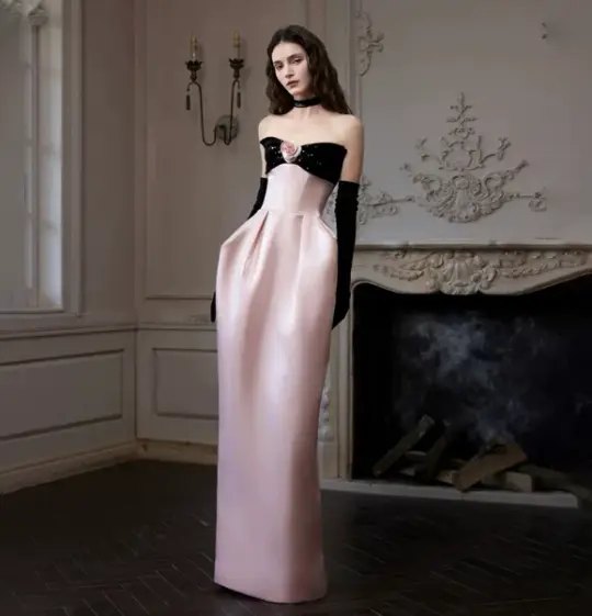 French Chic Black and Pink Prom Dress ,A-Line Strapless Applique Corset Maxi Evening Dress RS1133