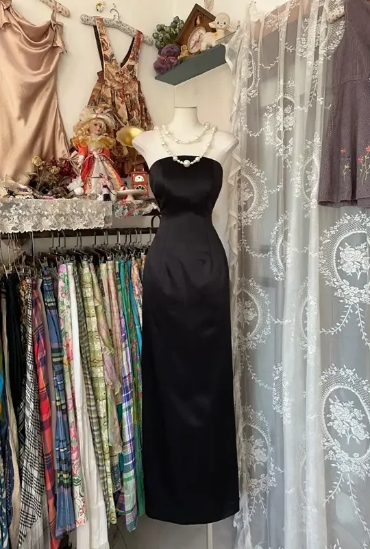Black strapless satin fitted waist straight long dress, ball gown R6294