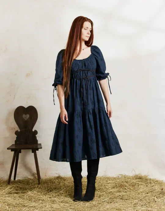 Robe 'Ebely' broderie anglaise manches 3/4 bleu nuit