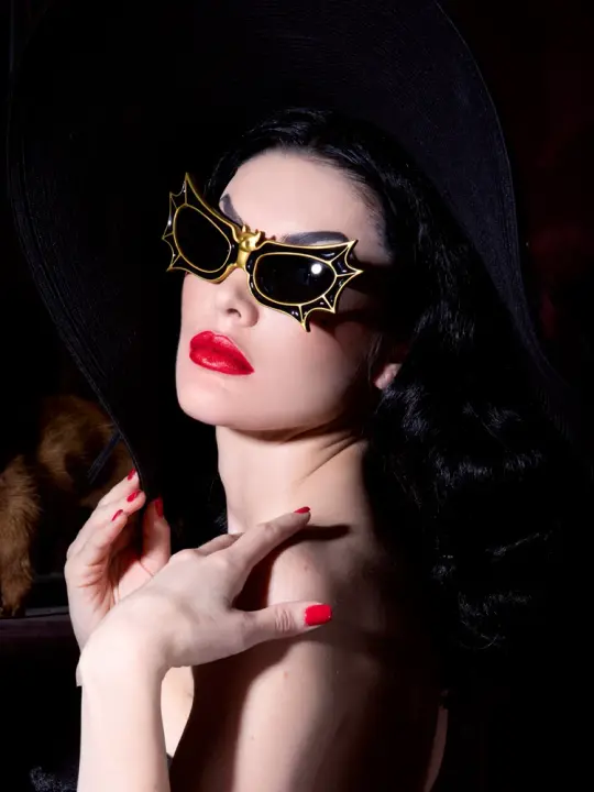 PRE-ORDER - Vampira® Bat Glasses in Gold/Black by La Femme en Noir