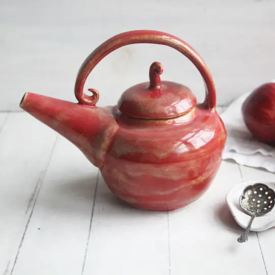 Red Teapot, Handcrafted Nature Themed, 24 Ounce "Discounted Second" Sale