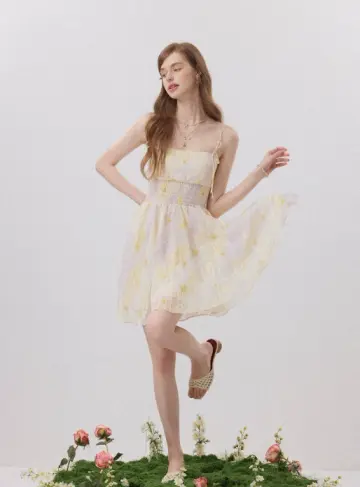 Pastel Yellow Floral Print Cami Mini Dress Women With Smocked Waist And Tie Straps R9491