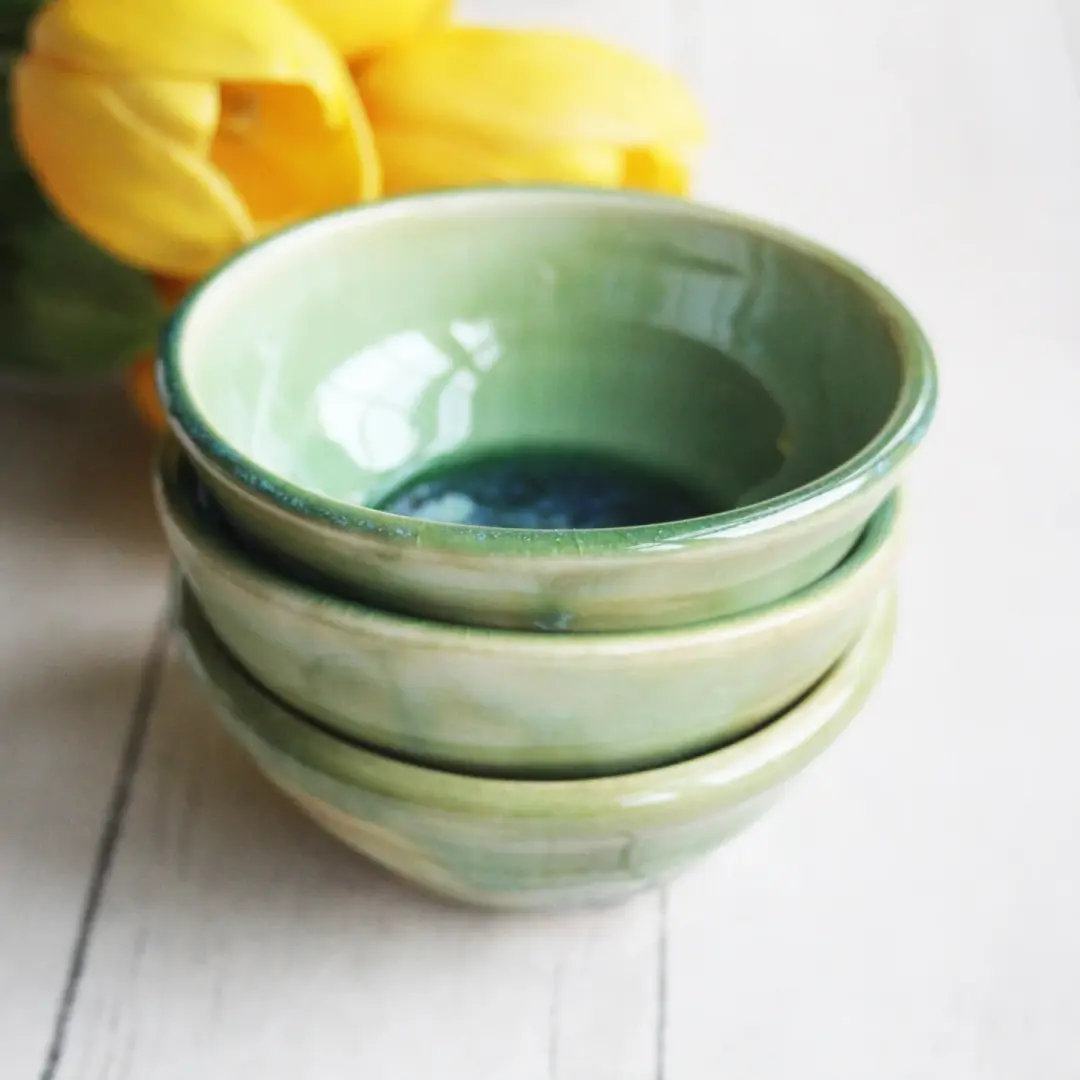 Shimmering Green Prep Bowls, Set of Three Ceramic Handmade Pottery Bowls, Made in USA