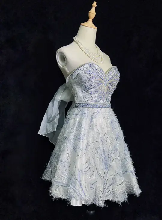 White bottom tube top butterfly design diamond waist A-line short skirt homecoming dress R5009